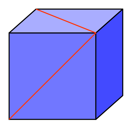 cube with a line drawn across two faces to meet at one corner